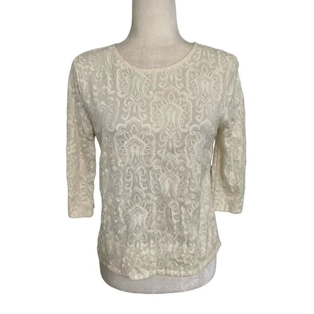 j crew womens solid ivory Crew Neck embroidered long sleeve top small